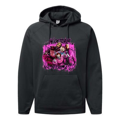 In October We Wear Pink Breast Cancer Horror Movies Performance Fleece Hoodie