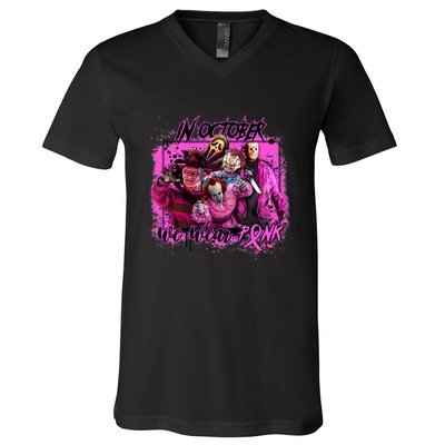 In October We Wear Pink Breast Cancer Horror Movies V-Neck T-Shirt