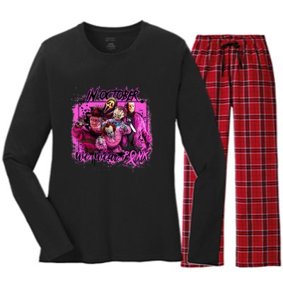 In October We Wear Pink Breast Cancer Horror Movies Women's Long Sleeve Flannel Pajama Set 