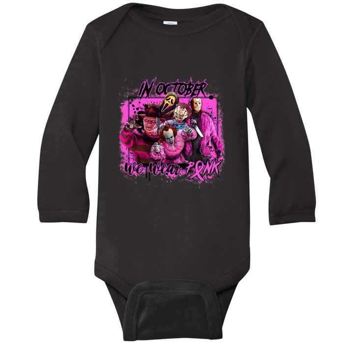 In October We Wear Pink Breast Cancer Horror Movies Baby Long Sleeve Bodysuit