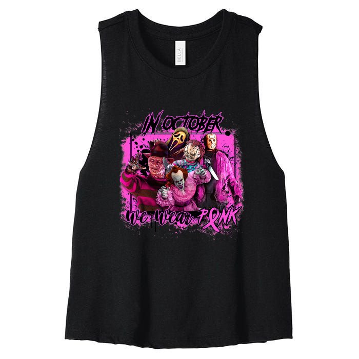 In October We Wear Pink Breast Cancer Horror Movies Women's Racerback Cropped Tank