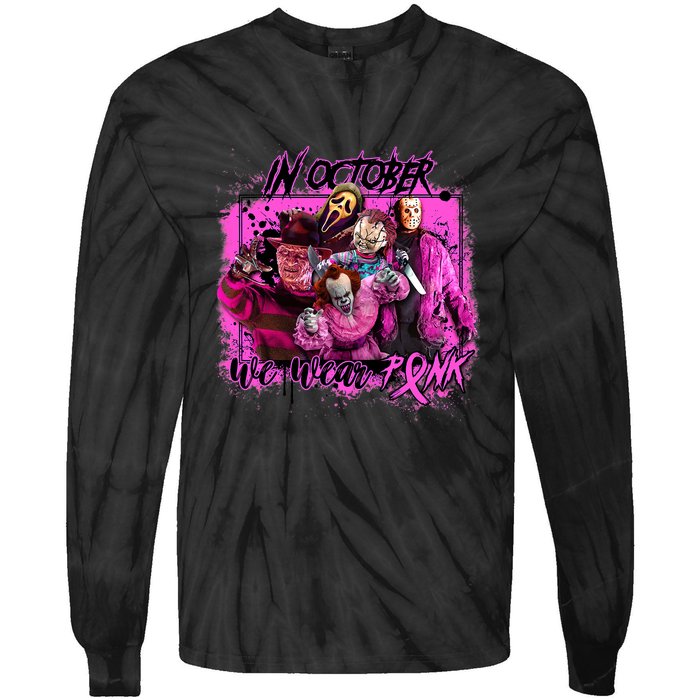 In October We Wear Pink Breast Cancer Horror Movies Tie-Dye Long Sleeve Shirt