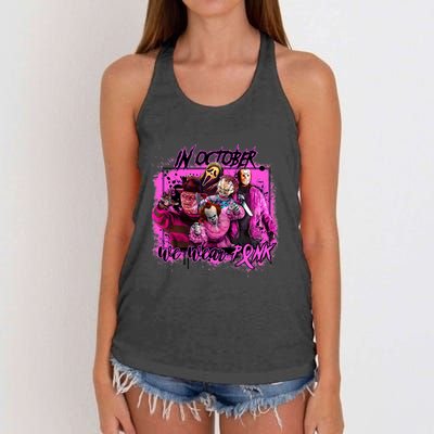 In October We Wear Pink Breast Cancer Horror Movies Women's Knotted Racerback Tank