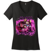 In October We Wear Pink Breast Cancer Horror Movies Women's V-Neck T-Shirt