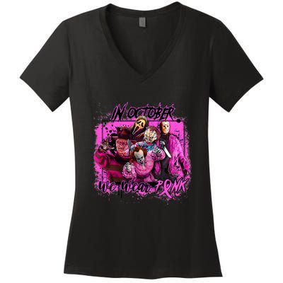 In October We Wear Pink Breast Cancer Horror Movies Women's V-Neck T-Shirt