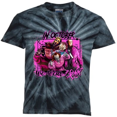 In October We Wear Pink Breast Cancer Horror Movies Kids Tie-Dye T-Shirt