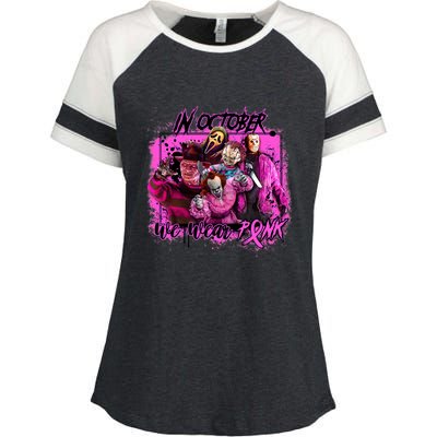 In October We Wear Pink Breast Cancer Horror Movies Enza Ladies Jersey Colorblock Tee