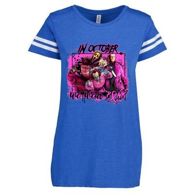 In October We Wear Pink Breast Cancer Horror Movies Enza Ladies Jersey Football T-Shirt