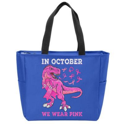 In October We Wear Pink Breast Cancer Trex Dino Zip Tote Bag