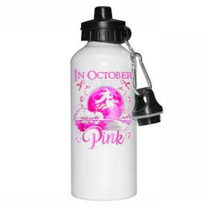 In October We Wear Pink Witch Breast Cancer Awareness Aluminum Water Bottle