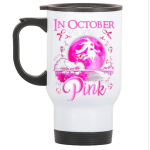 In October We Wear Pink Witch Breast Cancer Awareness Stainless Steel Travel Mug