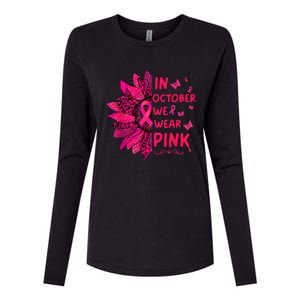 in october we wear leopard pink sunflower breast cancer Womens Cotton Relaxed Long Sleeve T-Shirt