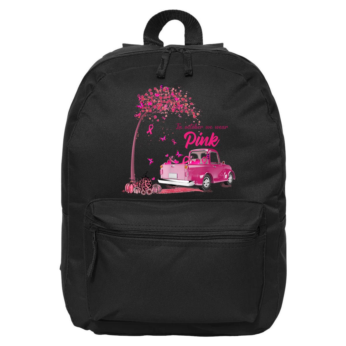 In October We Wear Pink Truck Breast Cancer Awareness Gifts 16 in Basic Backpack