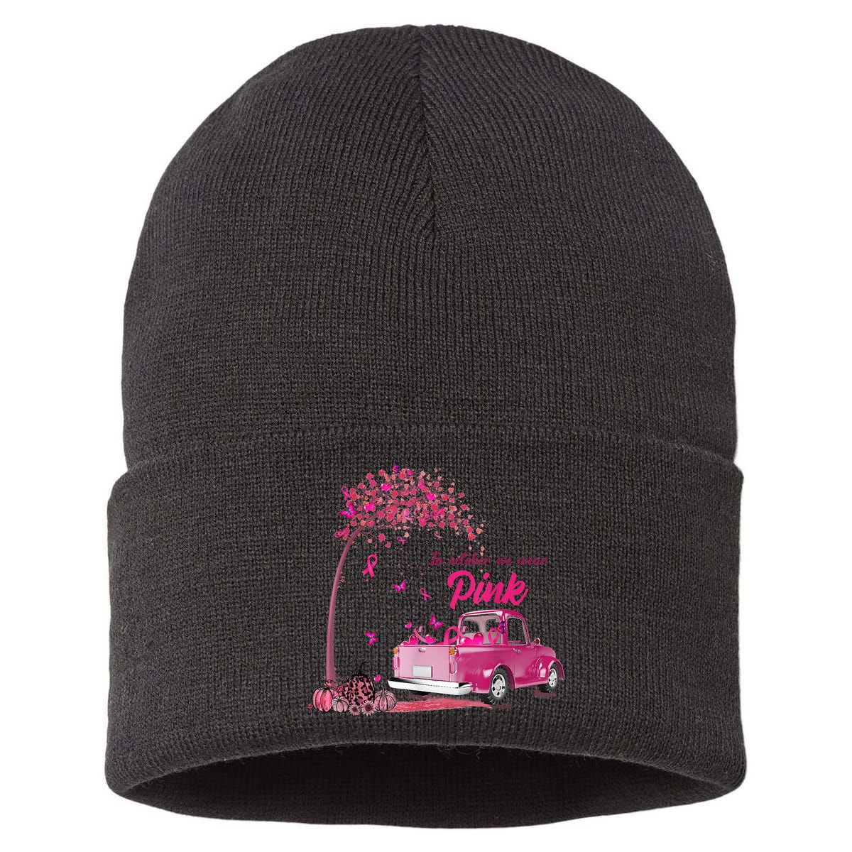 In October We Wear Pink Truck Breast Cancer Awareness Gifts Sustainable Knit Beanie