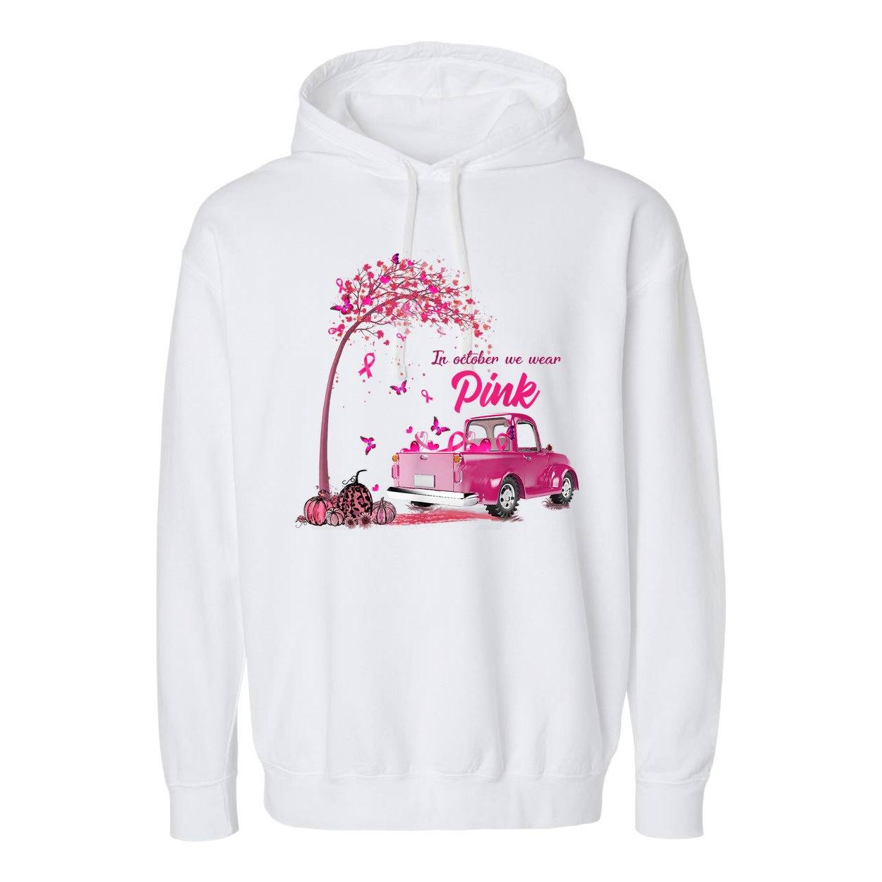 In October We Wear Pink Truck Breast Cancer Awareness Gifts Garment-Dyed Fleece Hoodie
