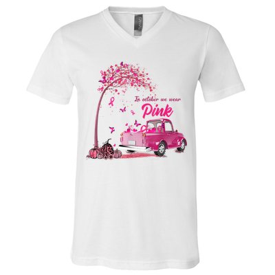 In October We Wear Pink Truck Breast Cancer Awareness Gifts V-Neck T-Shirt