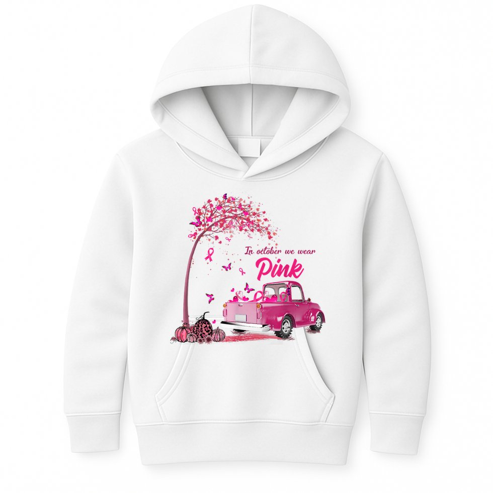 In October We Wear Pink Truck Breast Cancer Awareness Gifts Kids Hoodie