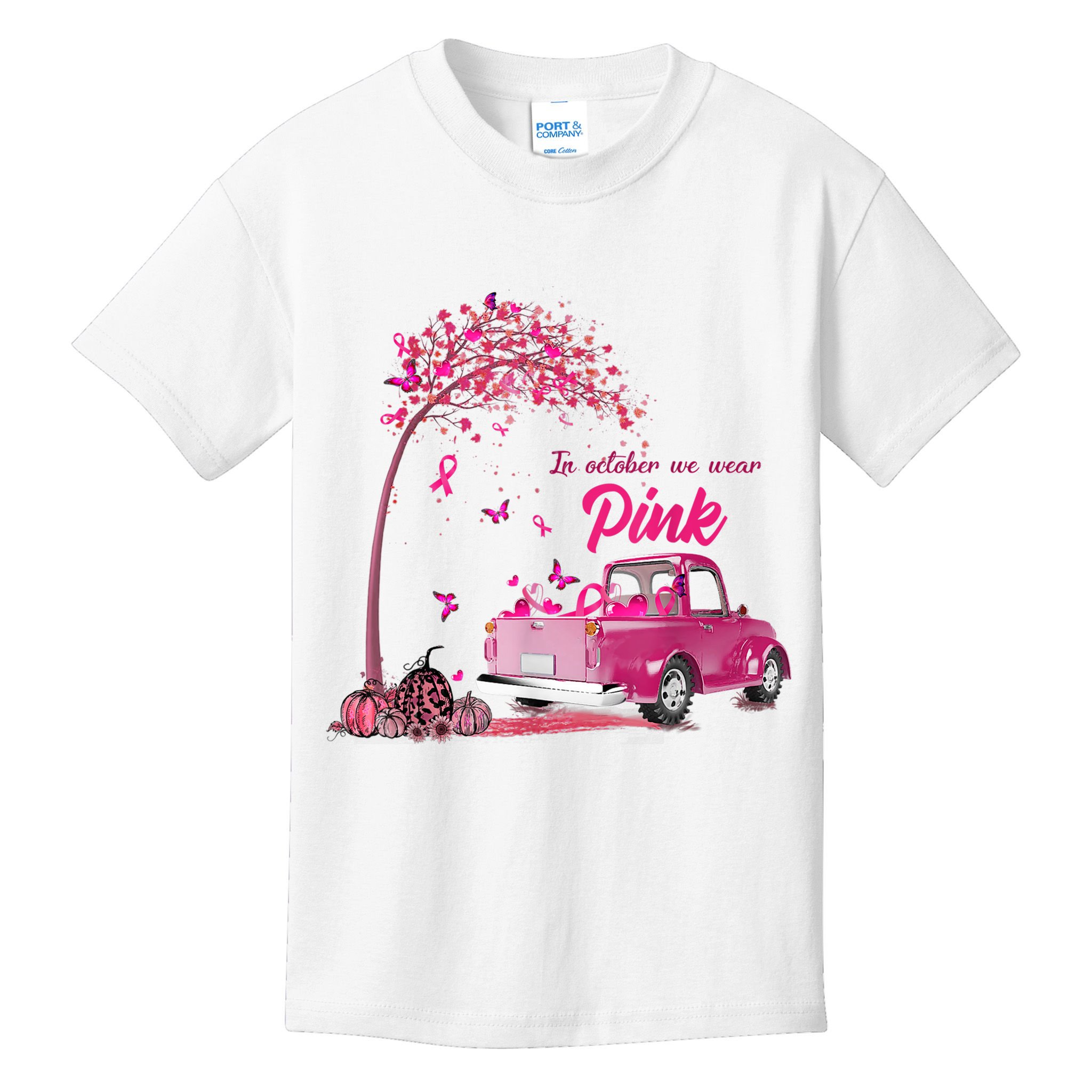 In October We Wear Pink Truck Breast Cancer Awareness Gifts Kids T-Shirt