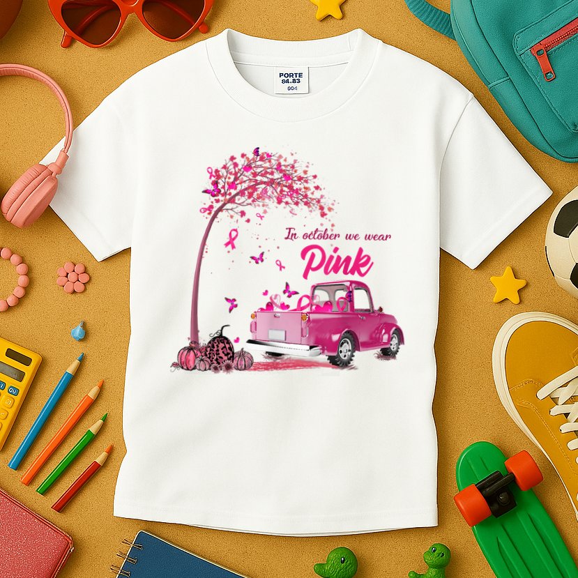 In October We Wear Pink Truck Breast Cancer Awareness Gifts Kids T-Shirt