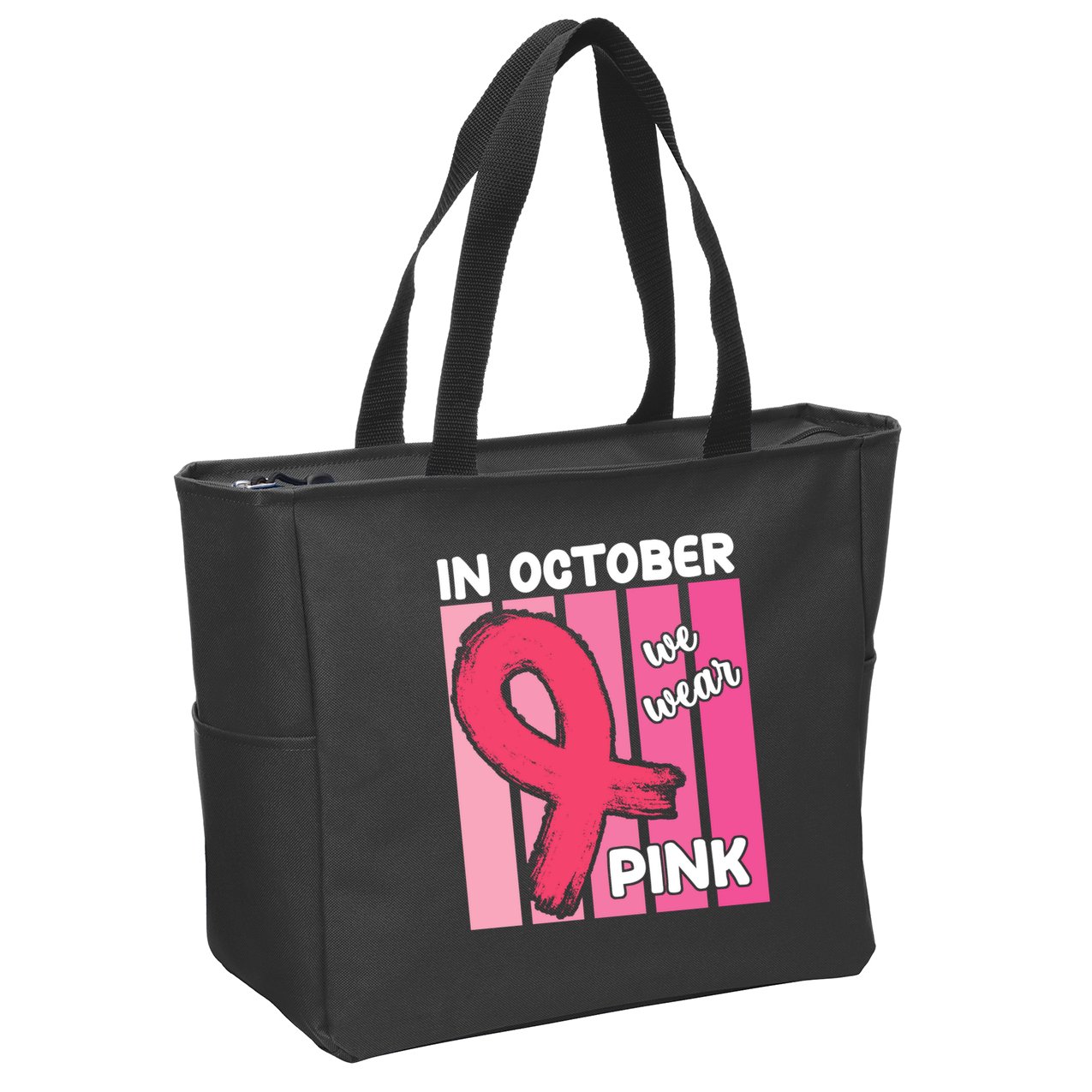 In October We Wear Pink Awareness Ribbon Zip Tote Bag