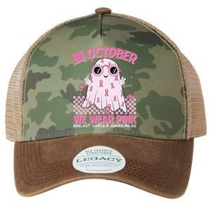 In October We Wear Pink Breast Cancer Awareness Halloween Pink Ghost Legacy Tie Dye Trucker Hat