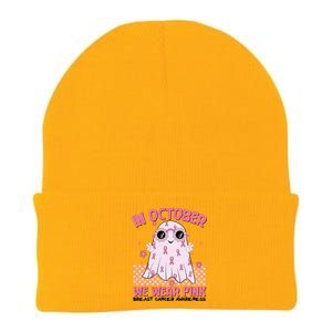 In October We Wear Pink Breast Cancer Awareness Halloween Pink Ghost Knit Cap Winter Beanie