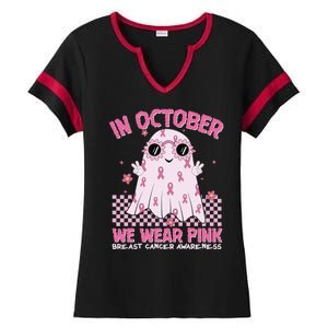 In October We Wear Pink Breast Cancer Awareness Halloween Pink Ghost Ladies Halftime Notch Neck Tee