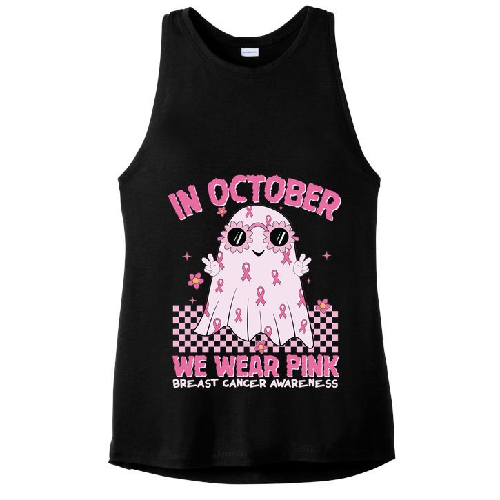In October We Wear Pink Breast Cancer Awareness Halloween Pink Ghost Ladies PosiCharge Tri-Blend Wicking Tank