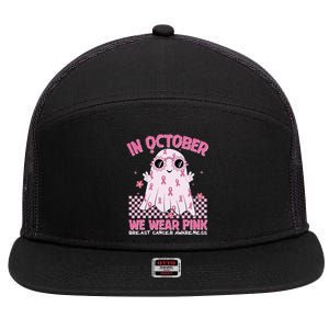 In October We Wear Pink Breast Cancer Awareness Halloween Pink Ghost 7 Panel Mesh Trucker Snapback Hat