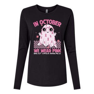 In October We Wear Pink Breast Cancer Awareness Halloween Pink Ghost Womens Cotton Relaxed Long Sleeve T-Shirt