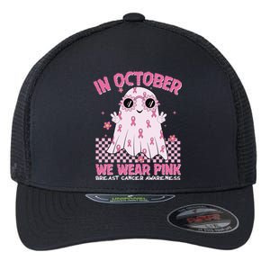 In October We Wear Pink Breast Cancer Awareness Halloween Pink Ghost Flexfit Unipanel Trucker Cap