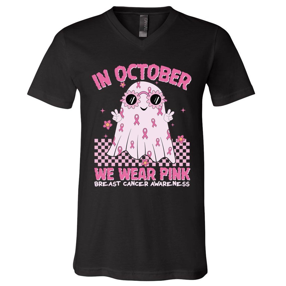 In October We Wear Pink Breast Cancer Awareness Halloween Pink Ghost V-Neck T-Shirt