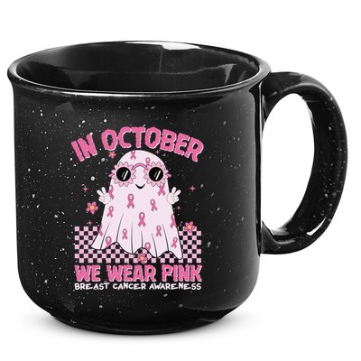 In October We Wear Pink Breast Cancer Awareness Halloween Pink Ghost 15oz Campfire Ceramic Mug
