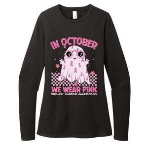 In October We Wear Pink Breast Cancer Awareness Halloween Pink Ghost Womens CVC Long Sleeve Shirt