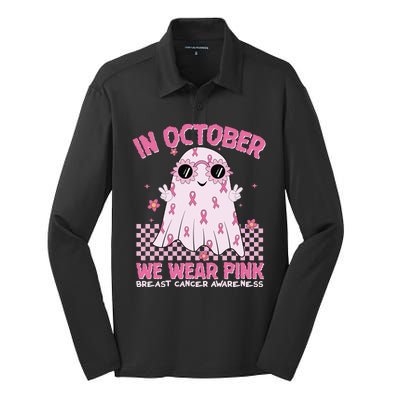 In October We Wear Pink Breast Cancer Awareness Halloween Pink Ghost Silk Touch Performance Long Sleeve Polo