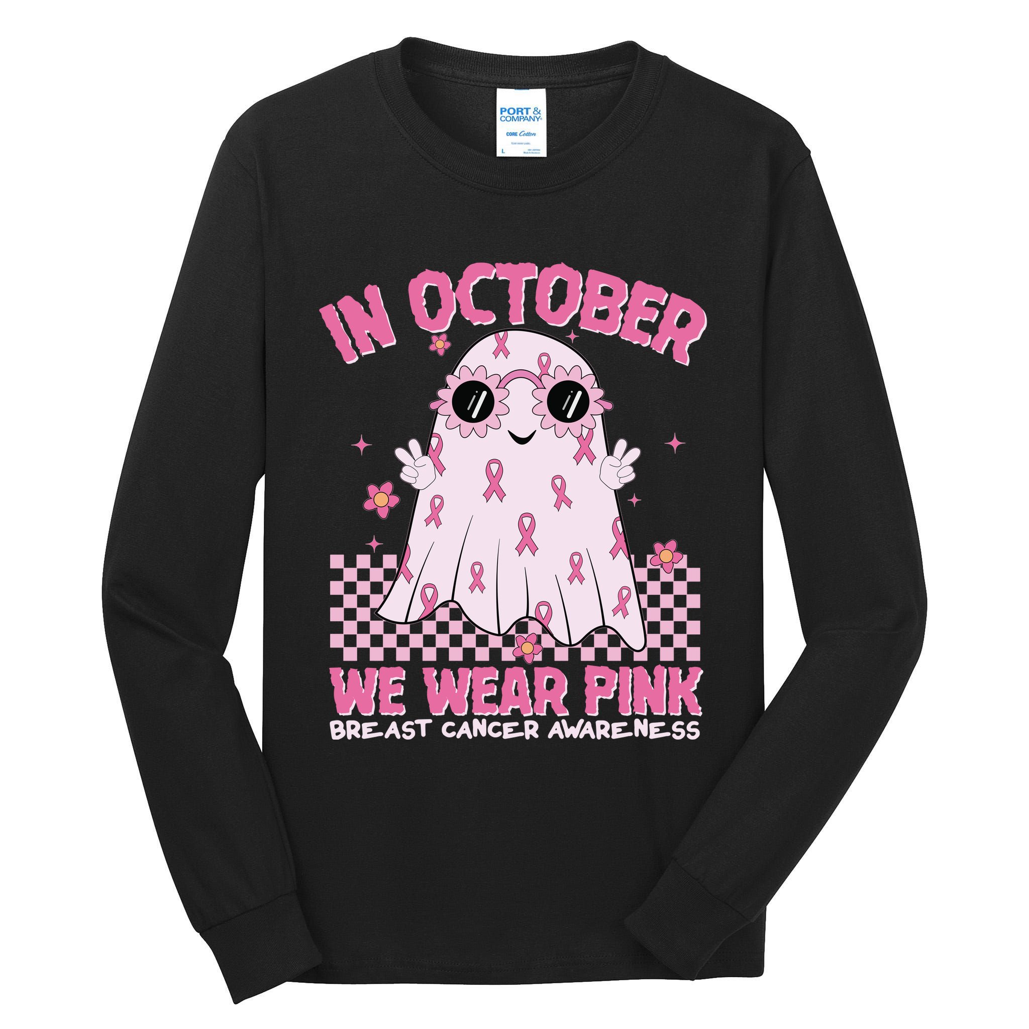 In October We Wear Pink Breast Cancer Awareness Halloween Pink Ghost Tall Long Sleeve T-Shirt