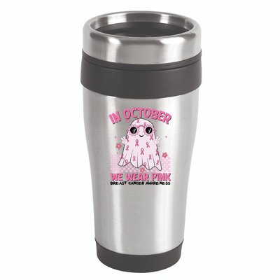 In October We Wear Pink Breast Cancer Awareness Halloween Pink Ghost 16oz Travel Tumbler