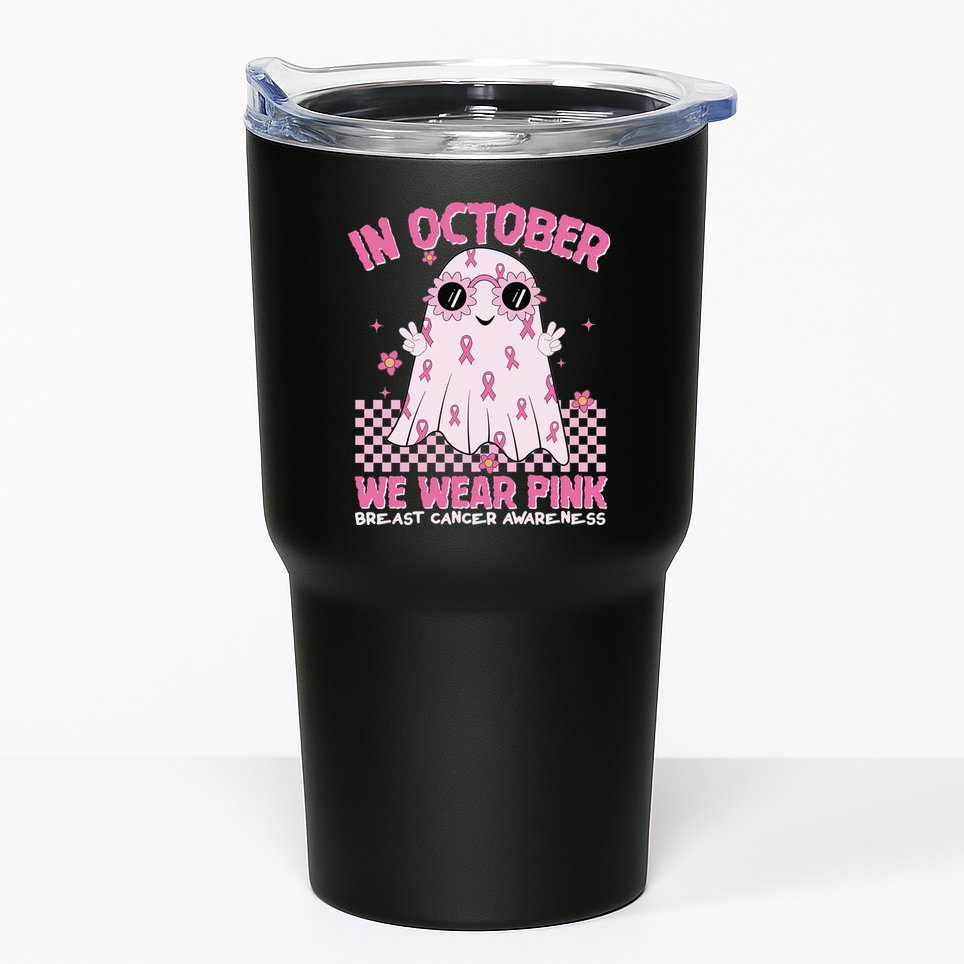 In October We Wear Pink Breast Cancer Awareness Halloween Pink Ghost Tumbler