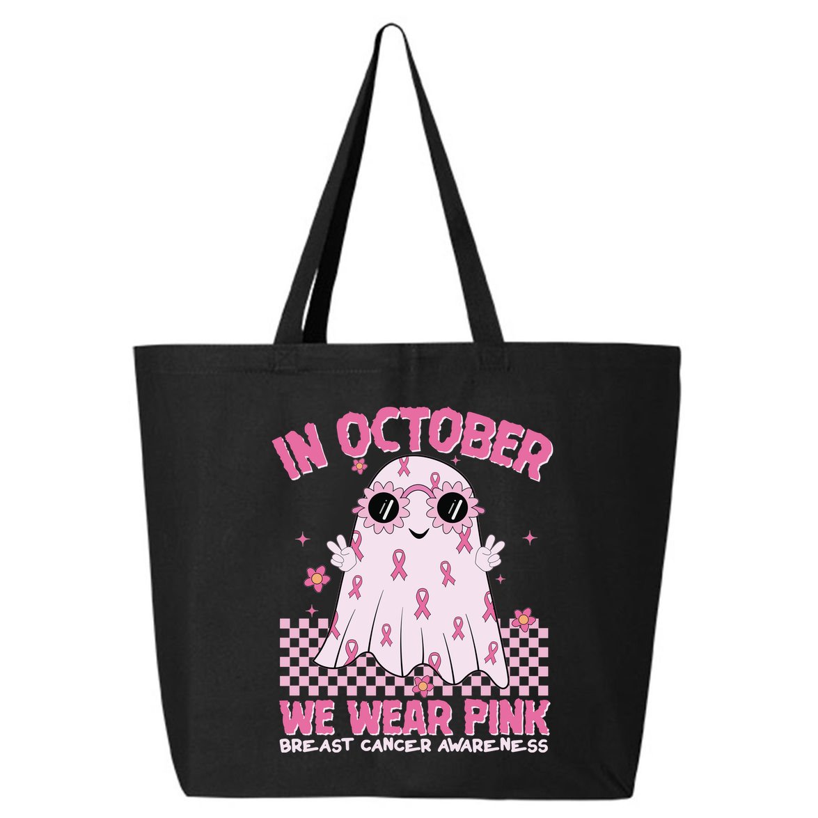 In October We Wear Pink Breast Cancer Awareness Halloween Pink Ghost 25L Jumbo Tote