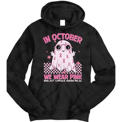 In October We Wear Pink Breast Cancer Awareness Halloween Pink Ghost Tie Dye Hoodie