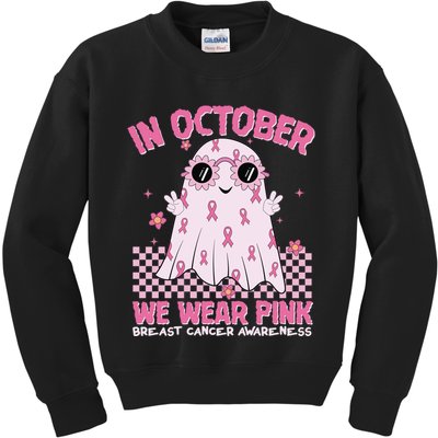 In October We Wear Pink Breast Cancer Awareness Halloween Pink Ghost Kids Sweatshirt
