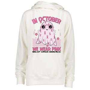 In October We Wear Pink Breast Cancer Awareness Halloween Pink Ghost Womens Funnel Neck Pullover Hood