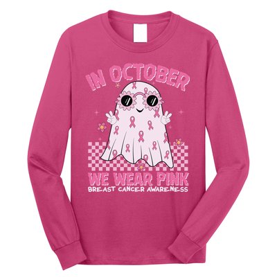 In October We Wear Pink Breast Cancer Awareness Halloween Pink Ghost Long Sleeve Shirt