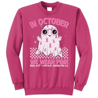 In October We Wear Pink Breast Cancer Awareness Halloween Pink Ghost Sweatshirt