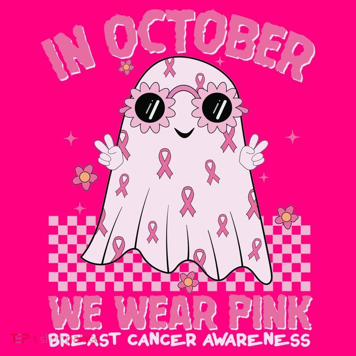 In October We Wear Pink Breast Cancer Awareness Halloween Pink Ghost T-Shirt