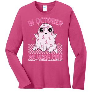 In October We Wear Pink Breast Cancer Awareness Halloween Pink Ghost Ladies Long Sleeve Shirt