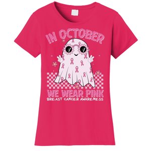 In October We Wear Pink Breast Cancer Awareness Halloween Pink Ghost Women's T-Shirt