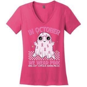 In October We Wear Pink Breast Cancer Awareness Halloween Pink Ghost Women's V-Neck T-Shirt