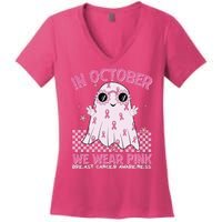 In October We Wear Pink Breast Cancer Awareness Halloween Pink Ghost Women's V-Neck T-Shirt