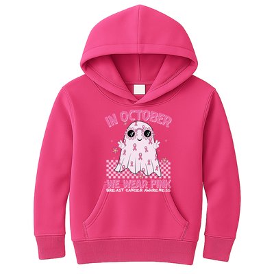 In October We Wear Pink Breast Cancer Awareness Halloween Pink Ghost Kids Hoodie